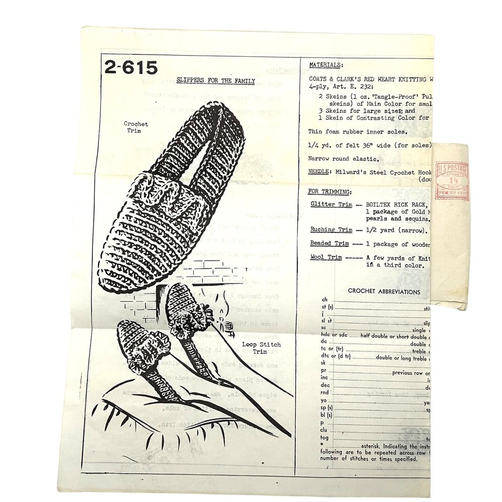 Mail Order Patterns By Pauline Vintage 1950's Crochet Slippers Pattern # 2-615‎